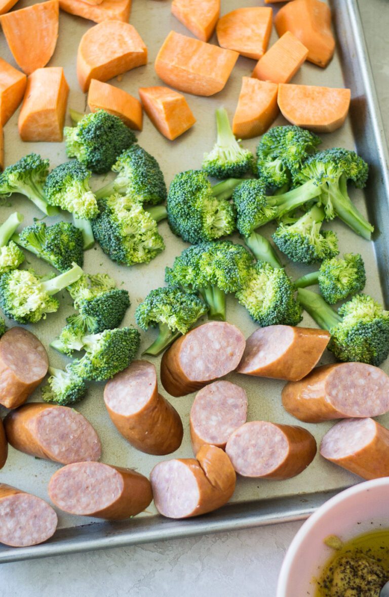 Honey Mustard Sheet Pan Kielbasa, Broccoli, and Sweet Potatoes